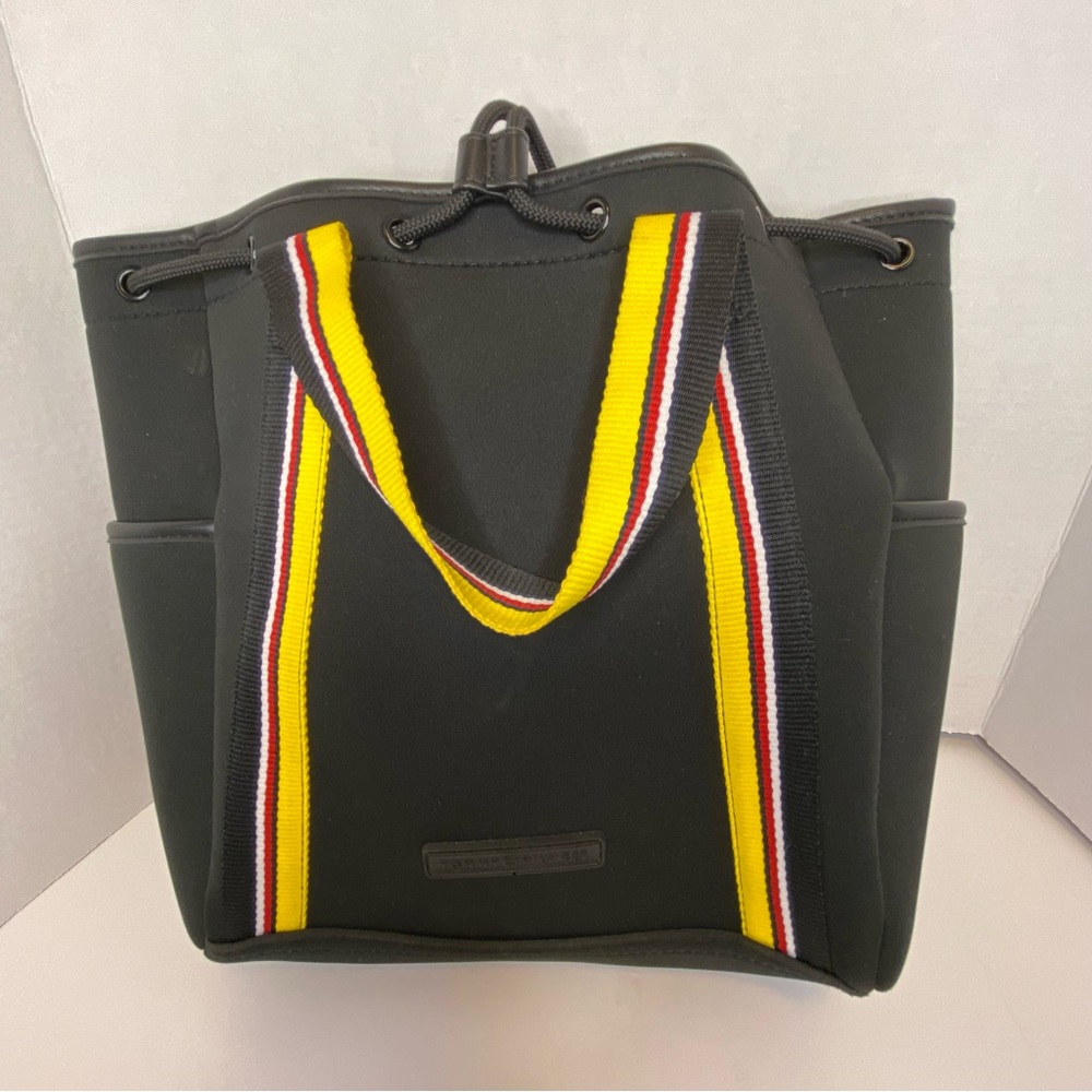 Tommy Hilfiger Drawstring Backpack Black and Yellow with Multicolored Straps